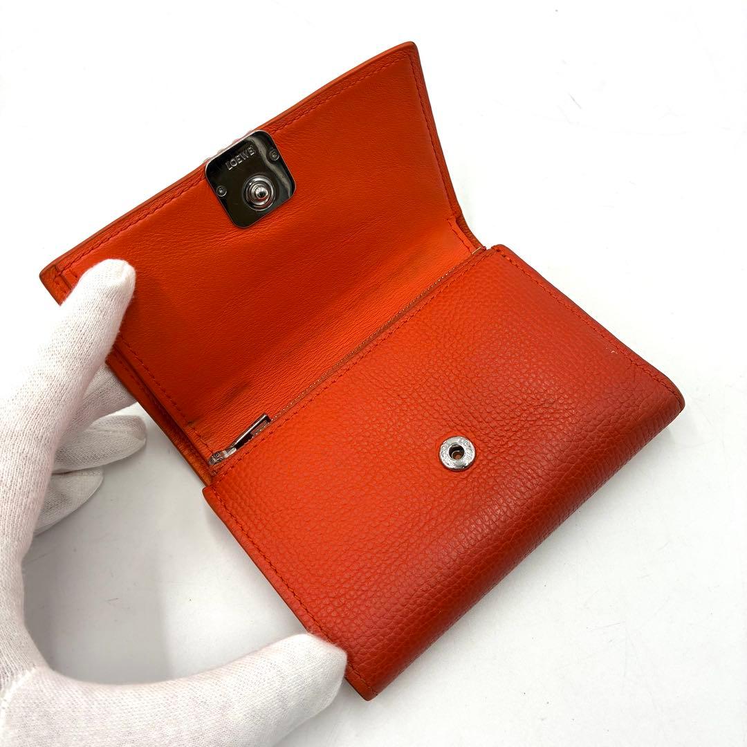 美品 ロエベ トライフォールドウォレット 三つ折り 財布 レザー オレンジ