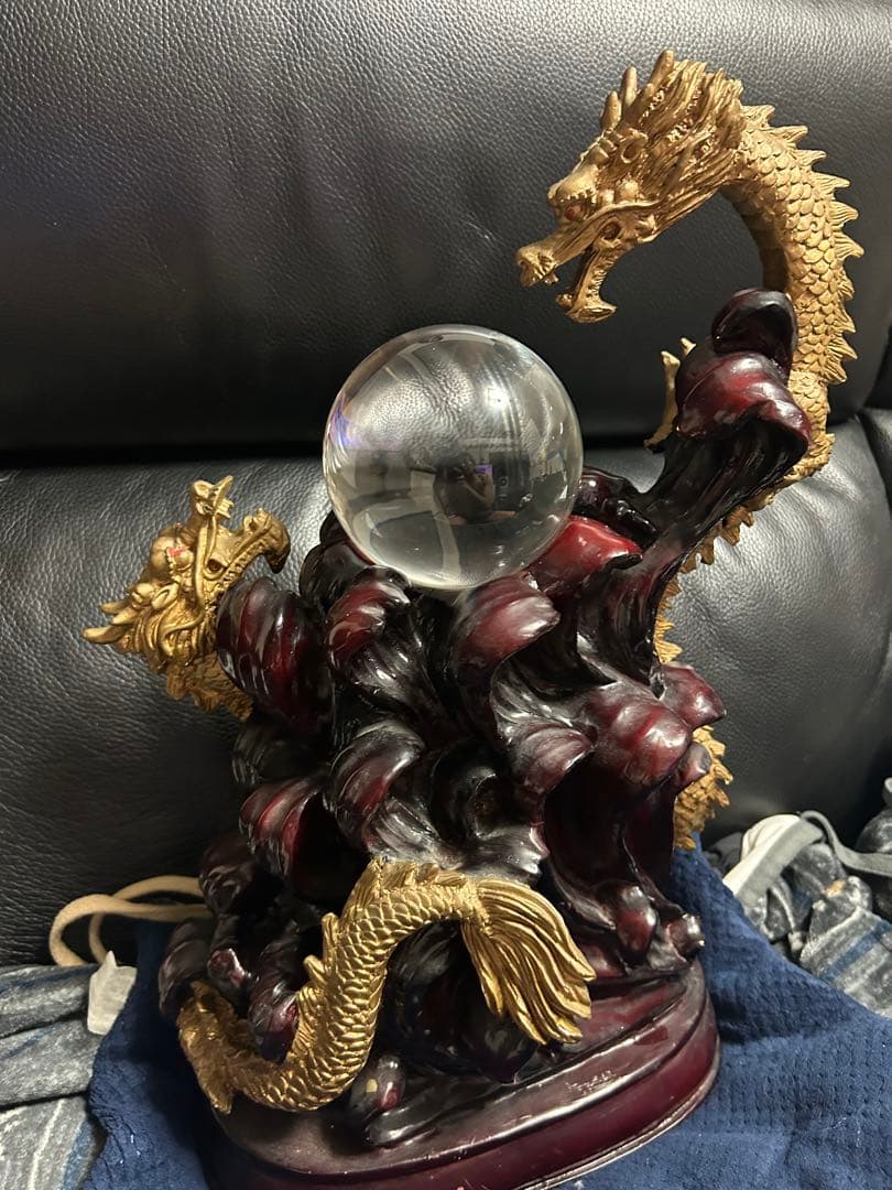 リ*中様 龍置物◇金龍上山◇高さ約50cm昇り龍◇水晶玉 ガラス玉 置物 風水関
