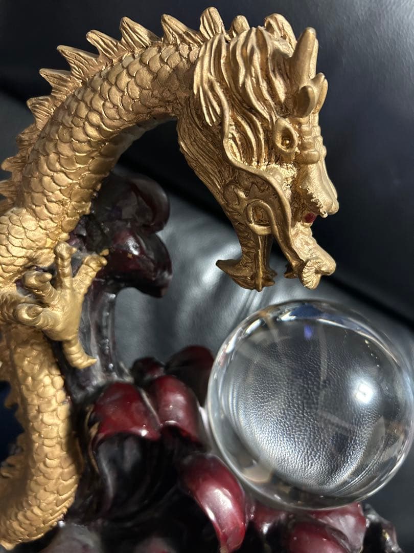 リ*中様 龍置物◇金龍上山◇高さ約50cm昇り龍◇水晶玉 ガラス玉 置物 風水関