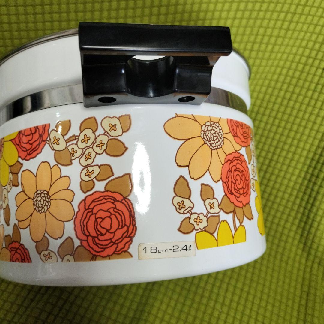 【美品】象印 ホーロー鍋 2点 18cm 片手鍋 両手鍋 昭和レトロ 花柄