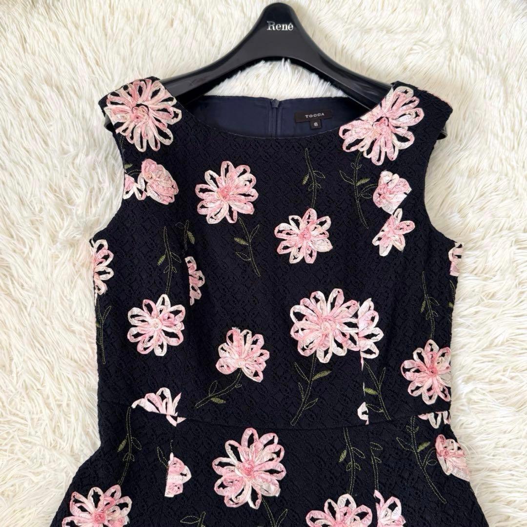 トッカ DIAMOND LILY ドレス 6 リボン刺繍 レース 花柄 ネイビー