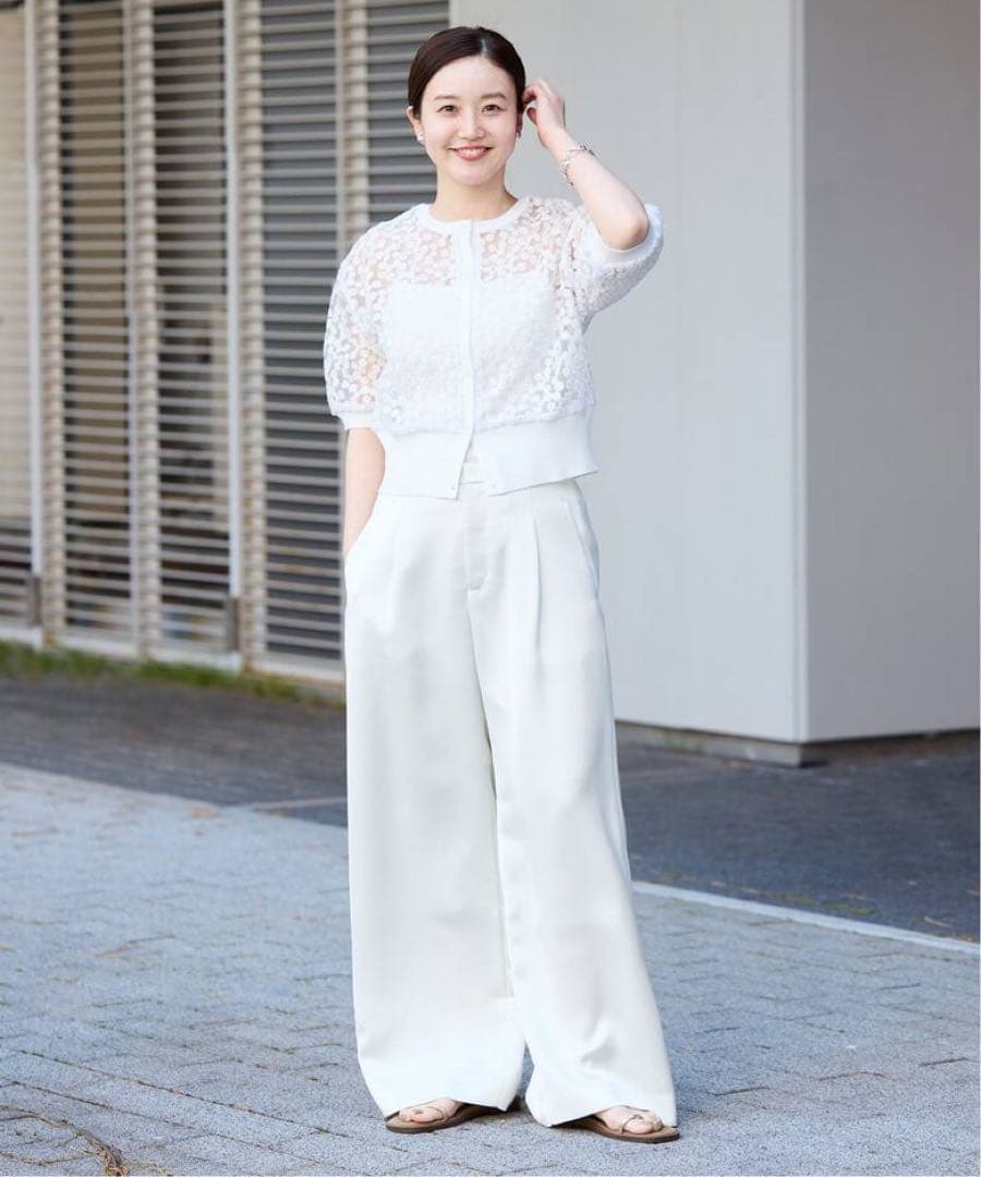 美品IENAフラワーレースハーフスリーブニット カーディガン