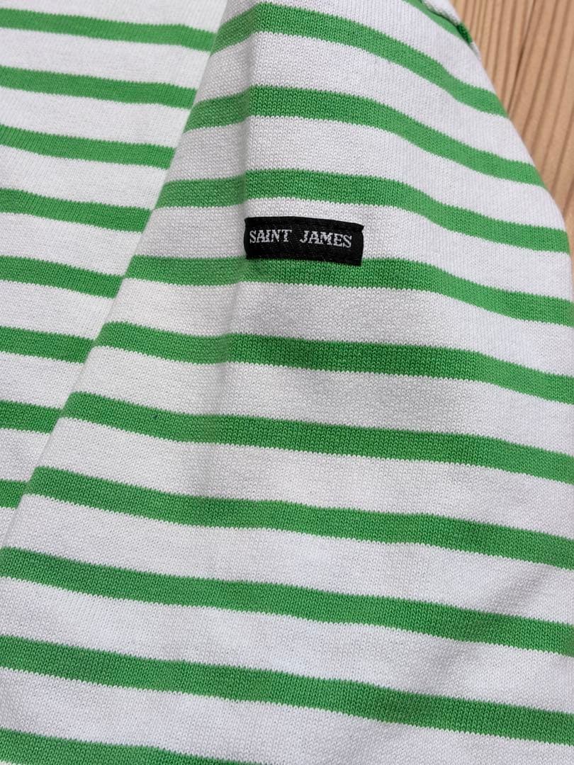 SAINT JAMES 半袖Tシャツ ホワイト/グリーンストライプ