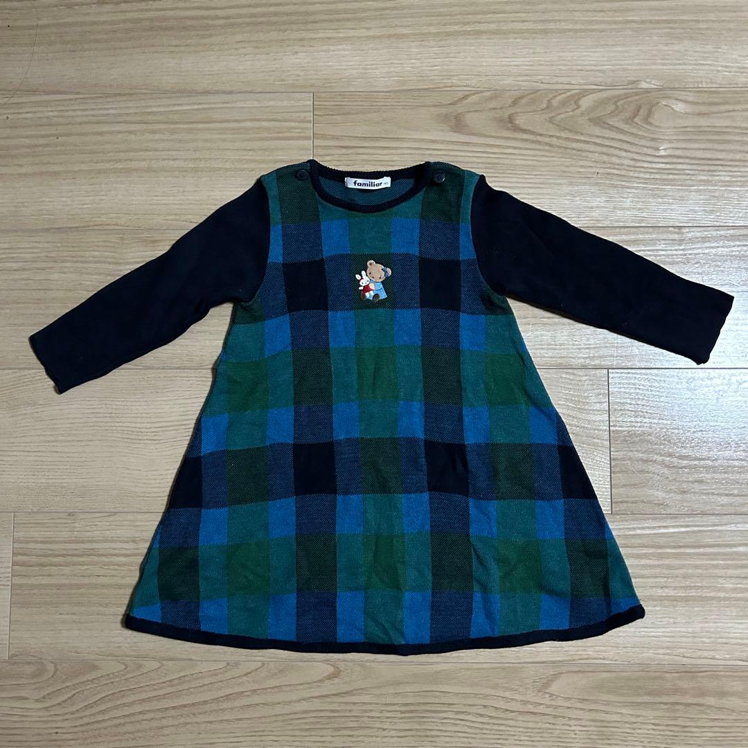 ゆ*い様 familiar 長袖 ニットワンピース チェック 青 クマ うさぎ