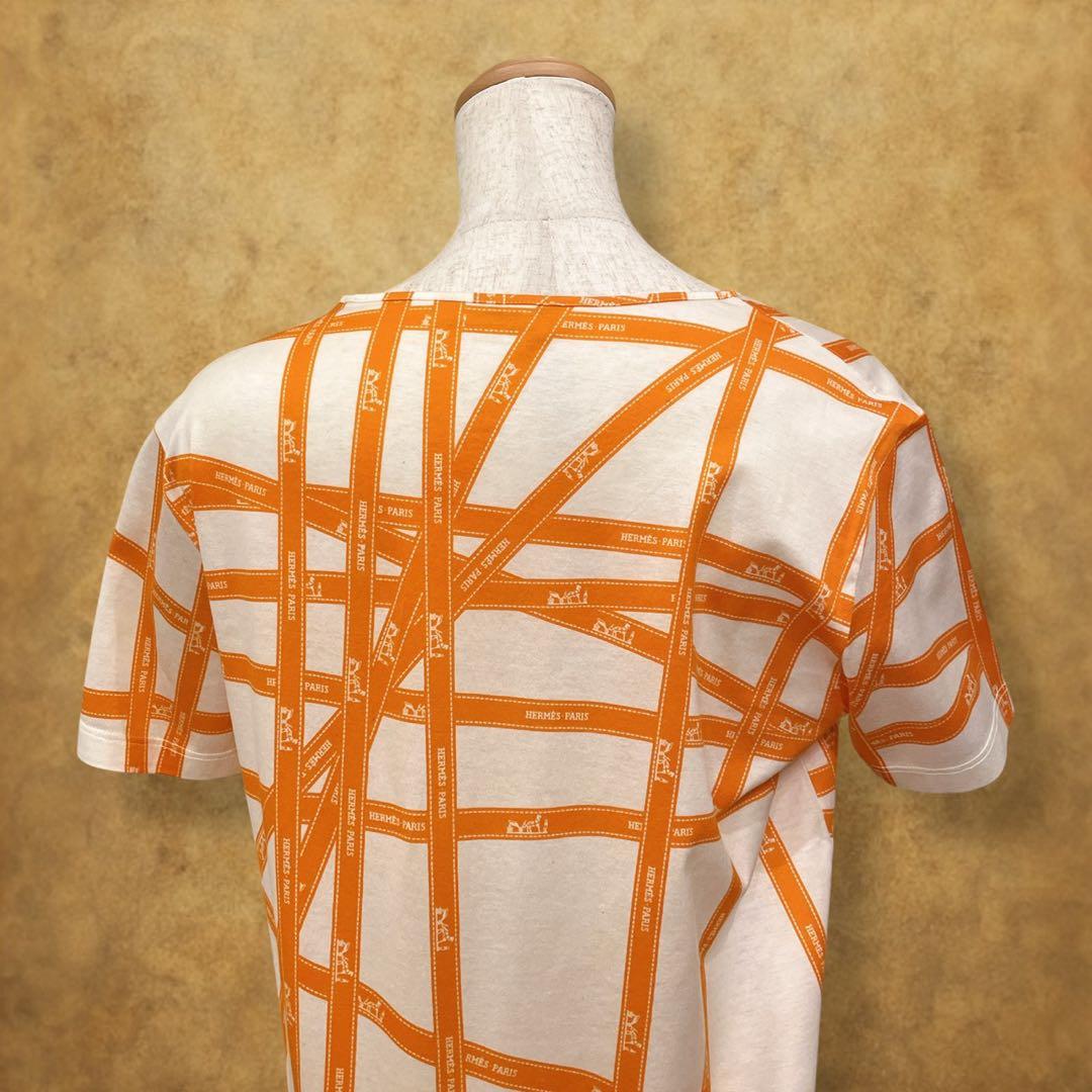 HERMES Tシャツ サイズME ボルデュック リボン柄 オレンジ フランス製