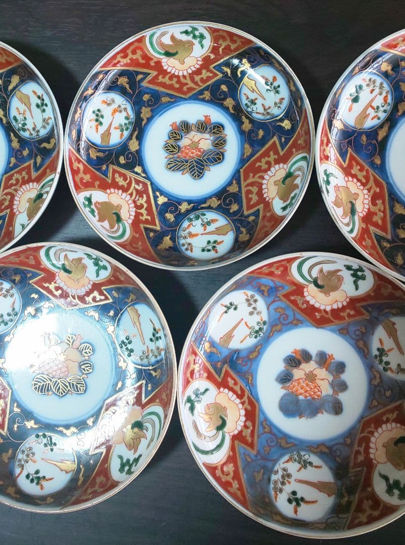古伊万里 染付 金彩色絵 小皿 江戸後期 陶器皿和風模様 陶器皿5枚セット