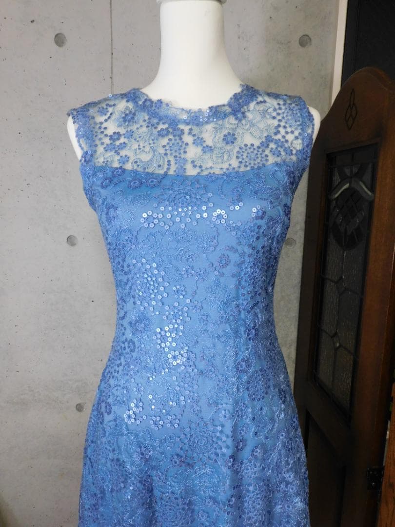 TadashiShojiタダシショージ 水色花柄レース　スパンコールワンピース2