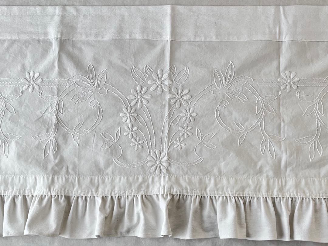 【美品】フランスアンティーク 花模様の手刺繍 フリルカフェカーテン[3376]