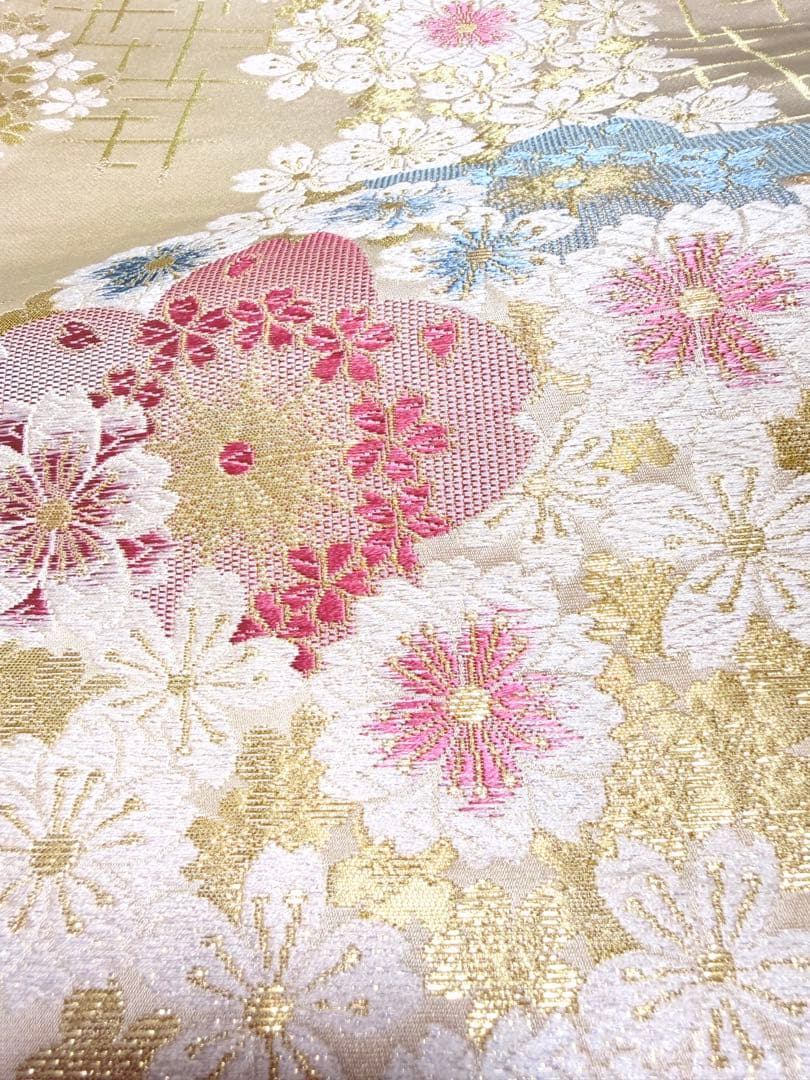 高級 袋帯 正絹 六通柄 クリーム ゴールド 桜柄 振袖 豪華 訪問着