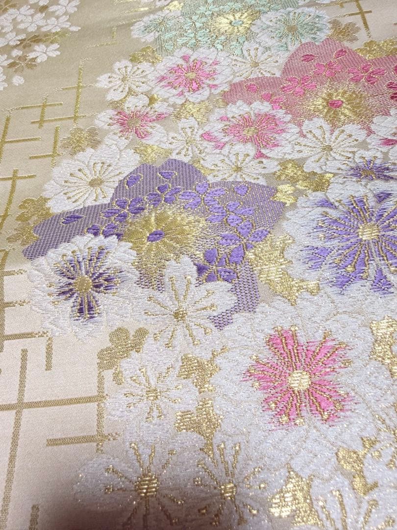 高級 袋帯 正絹 六通柄 クリーム ゴールド 桜柄 振袖 豪華 訪問着