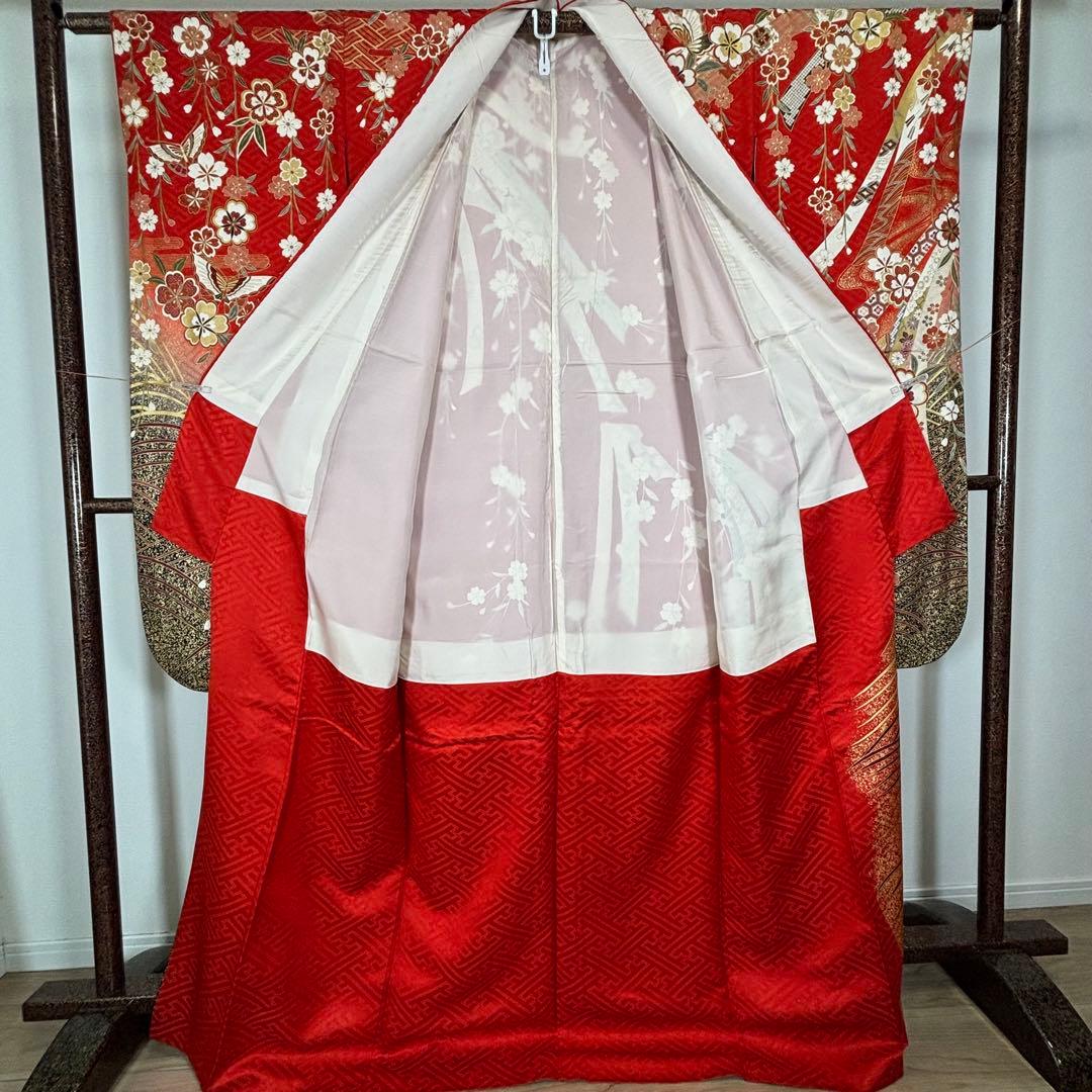 超美品　正絹　現代　振袖　成人式　着物　174裄67 赤　朱色　熨斗　蝶々　茶色