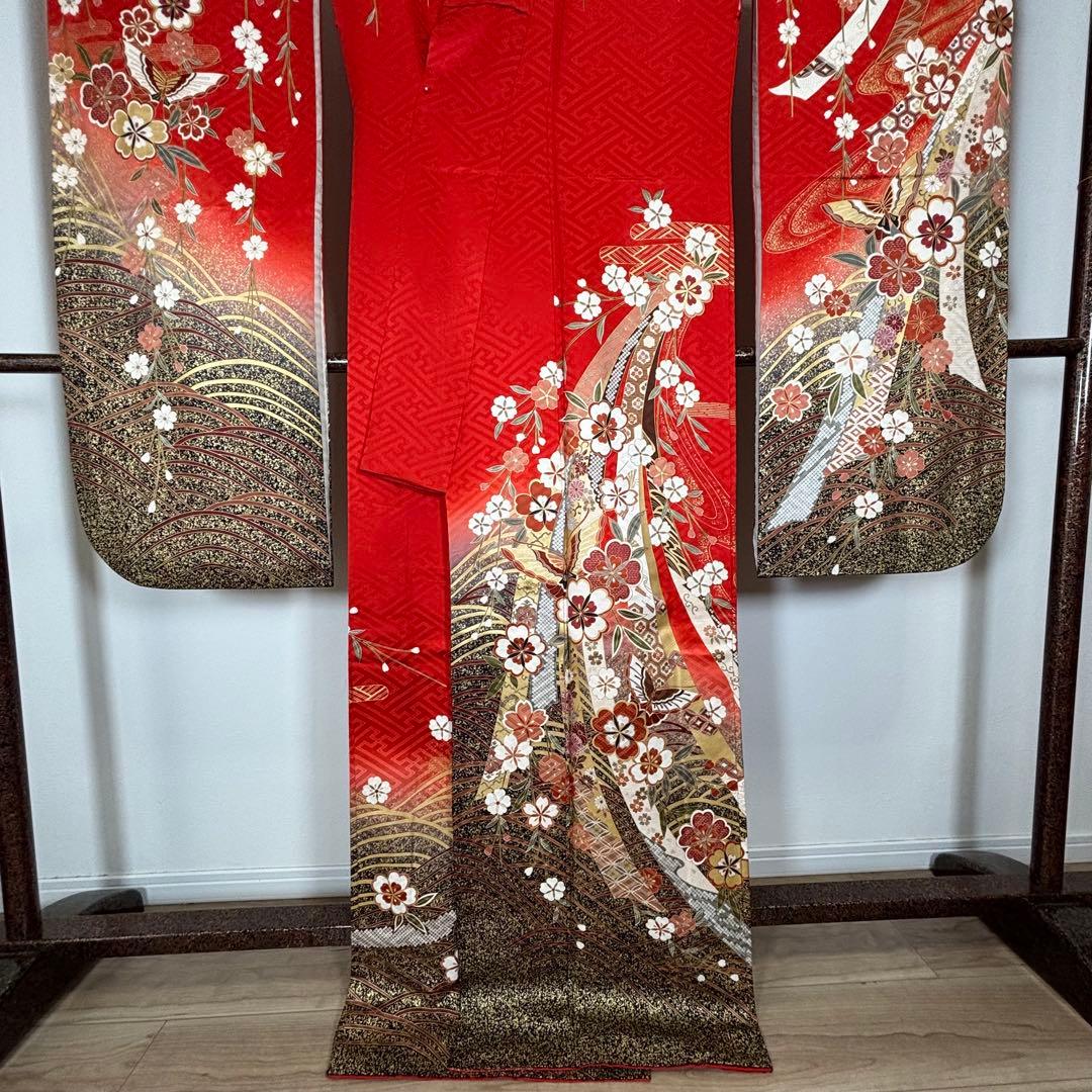 超美品　正絹　現代　振袖　成人式　着物　174裄67 赤　朱色　熨斗　蝶々　茶色