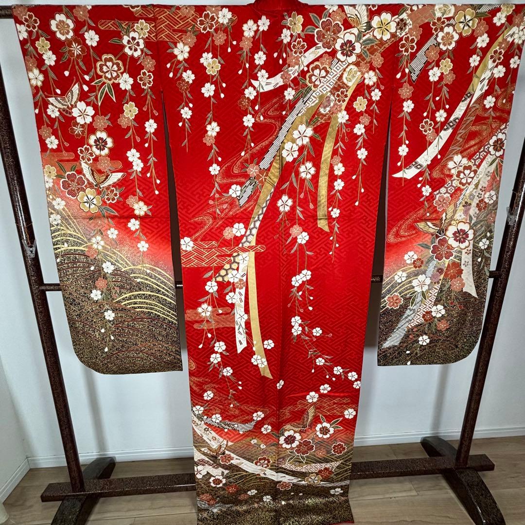 超美品　正絹　現代　振袖　成人式　着物　174裄67 赤　朱色　熨斗　蝶々　茶色