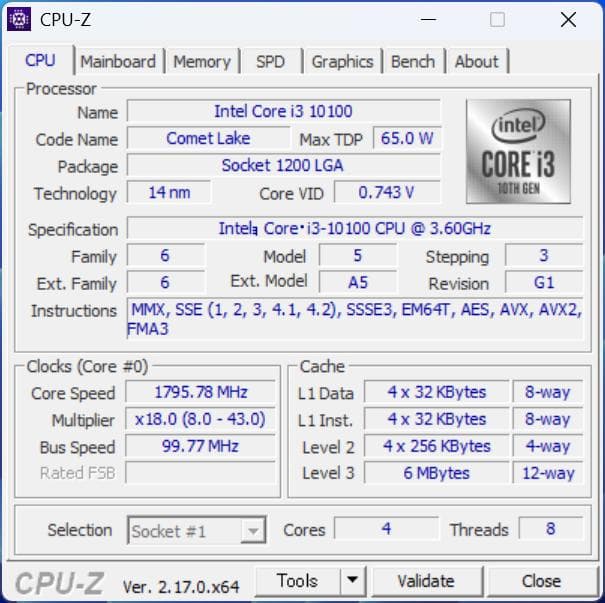<動作確認済み> CPU Intel Core i3-10100