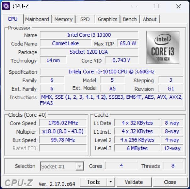 <動作確認済み> CPU Intel Core i3-10100
