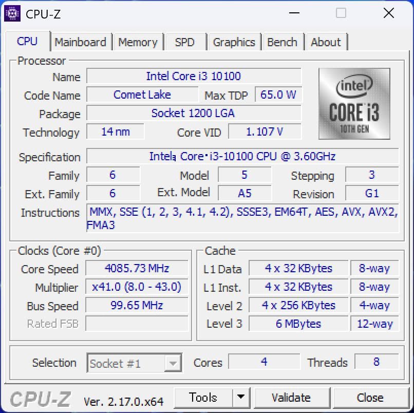 <動作確認済み> CPU Intel Core i3-10100