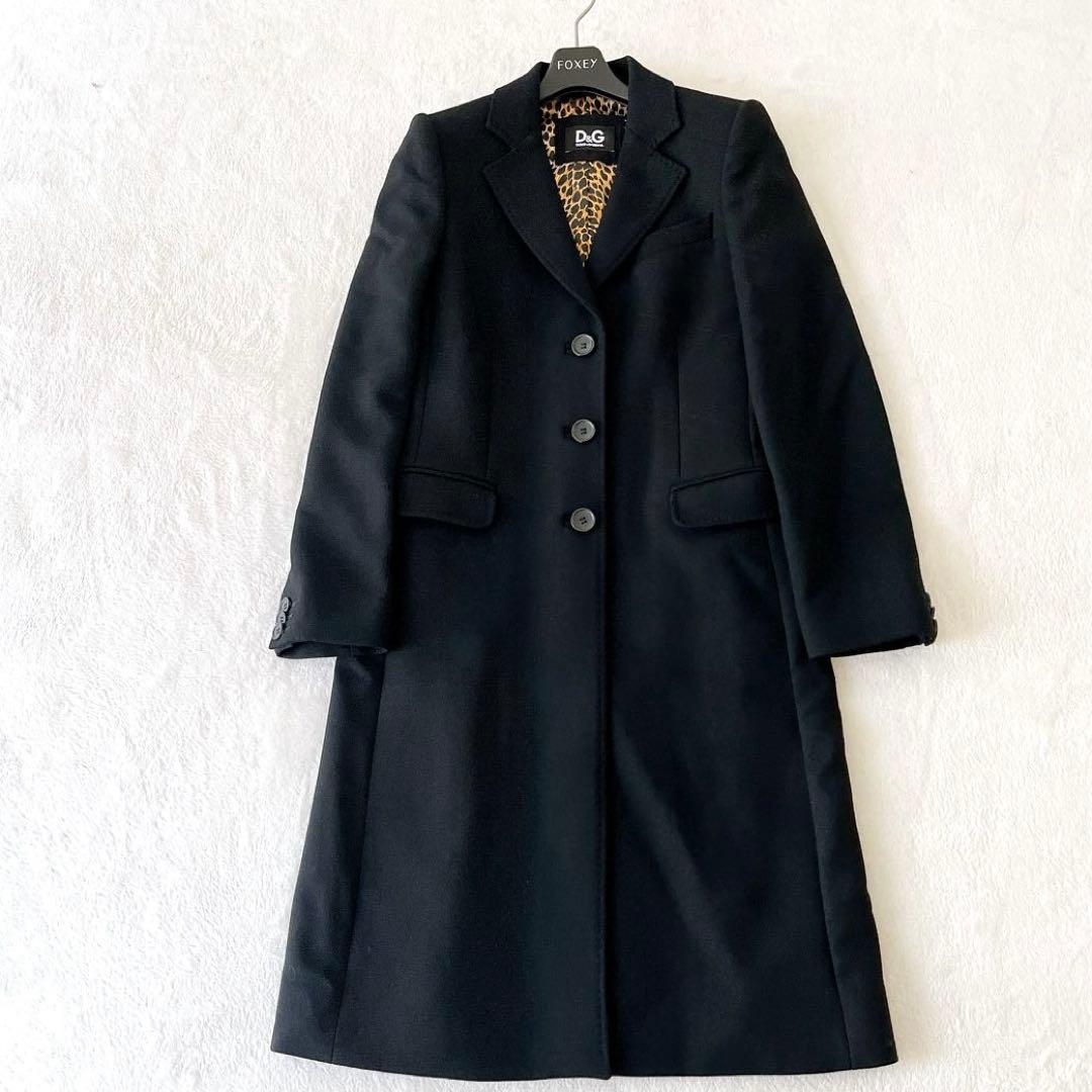 美品★DOLCE&GABBANA★裏地ヒョウ柄 ロングコート ブラックサイズ38
