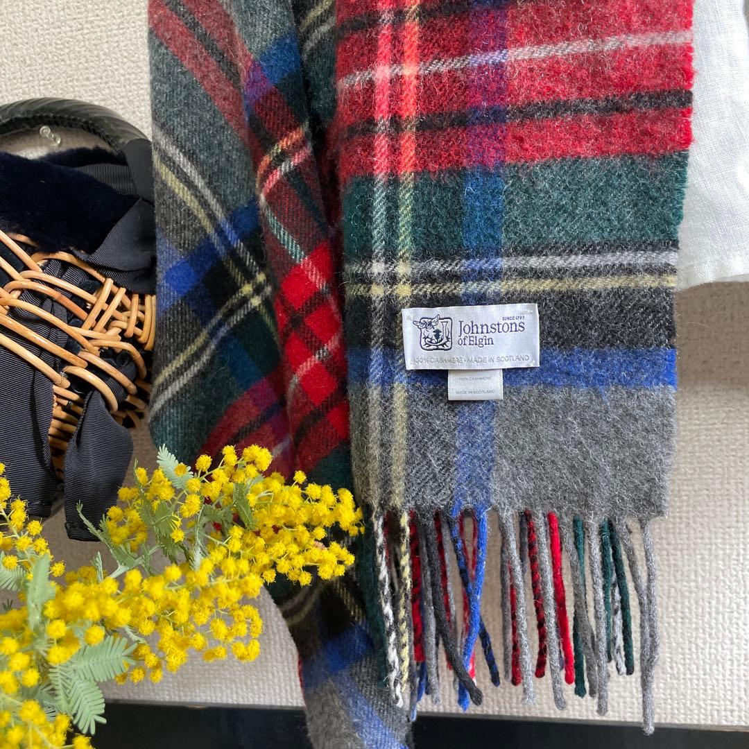 美品:Johnstons ジョンストンズカシミヤ100%大判ストール:チェック柄