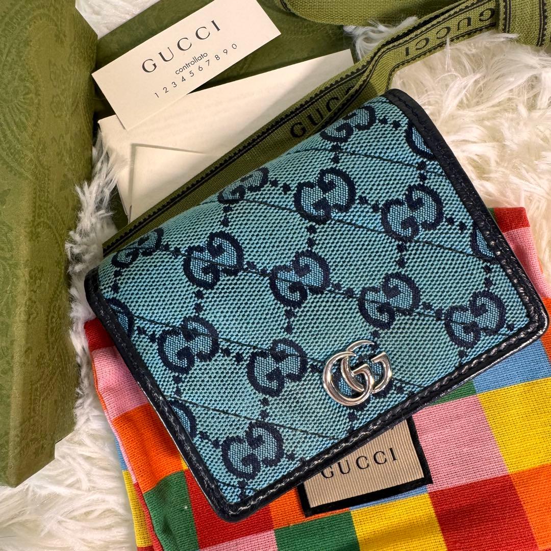 GUCCI グッチ 折り財布 青 キャンバス インターロッキング GGスプリーム