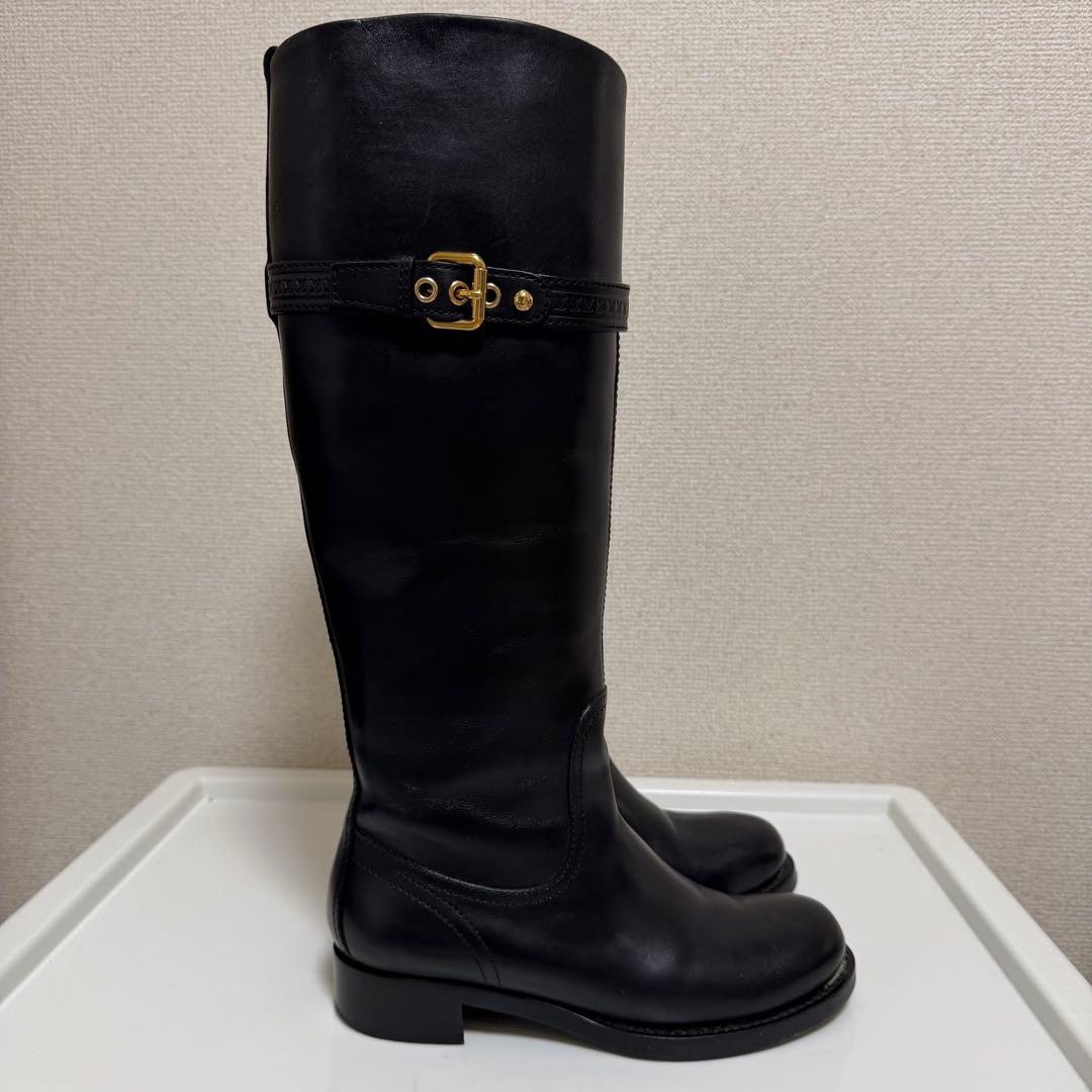 ルイヴィトン　ロングブーツ　ロゴ型押しベルト　金金具　レザー　ブラック