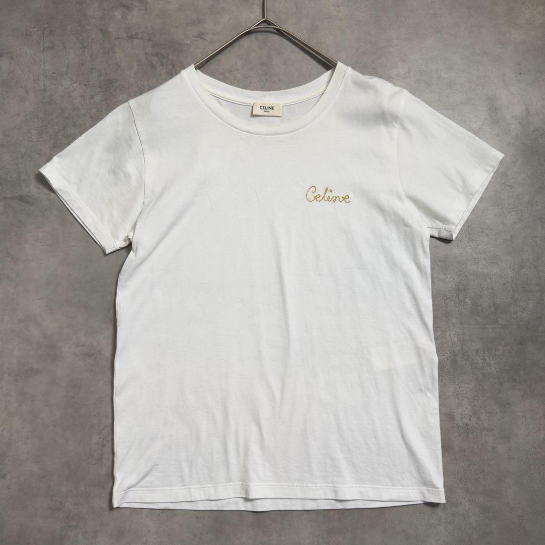 【CELINE】セリーヌTシャツ ホワイト ゴールド刺繍 ロゴ イタリア製S