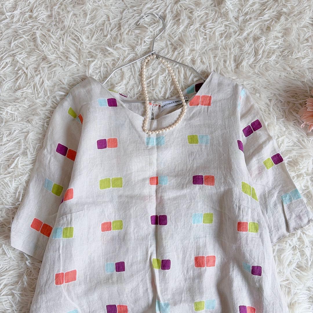 marimekko　マリメッコ　リネン100%　総柄ワンピース　膝丈　36サイズ