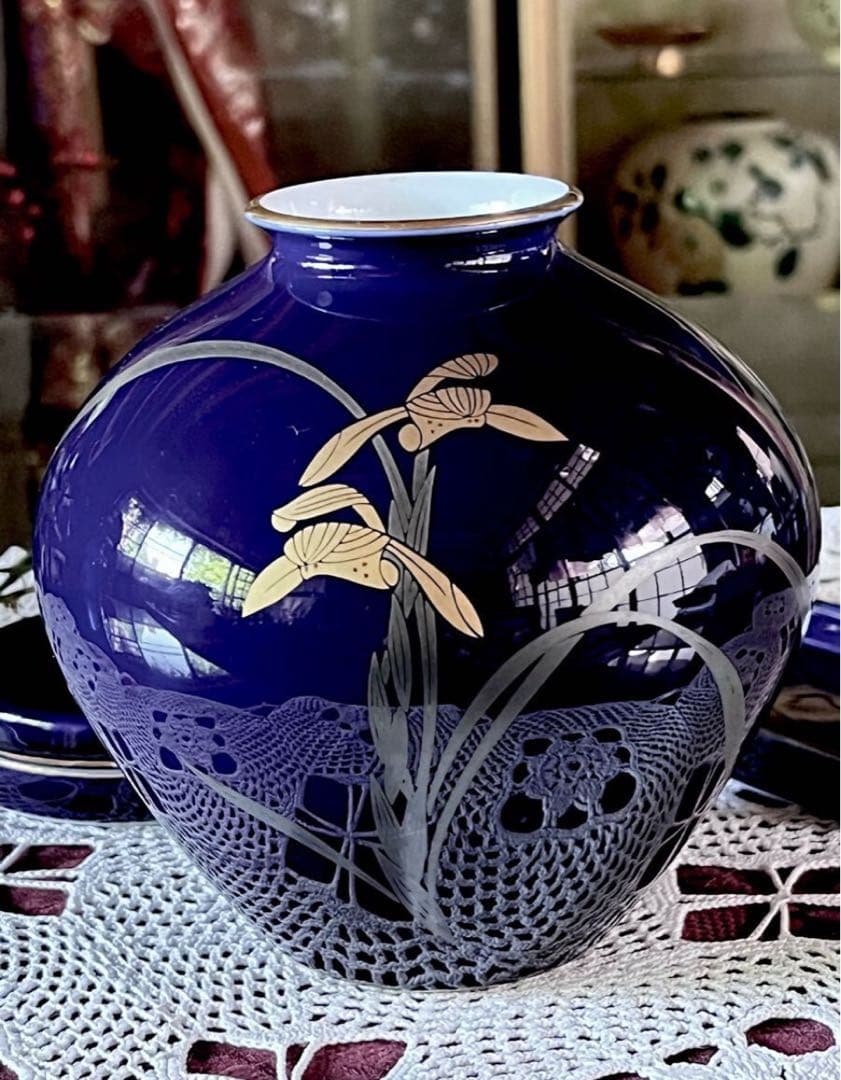 香蘭社 花瓶・筆置き・朱肉入れ一揃い 陶器 花入 壺 金彩 花器