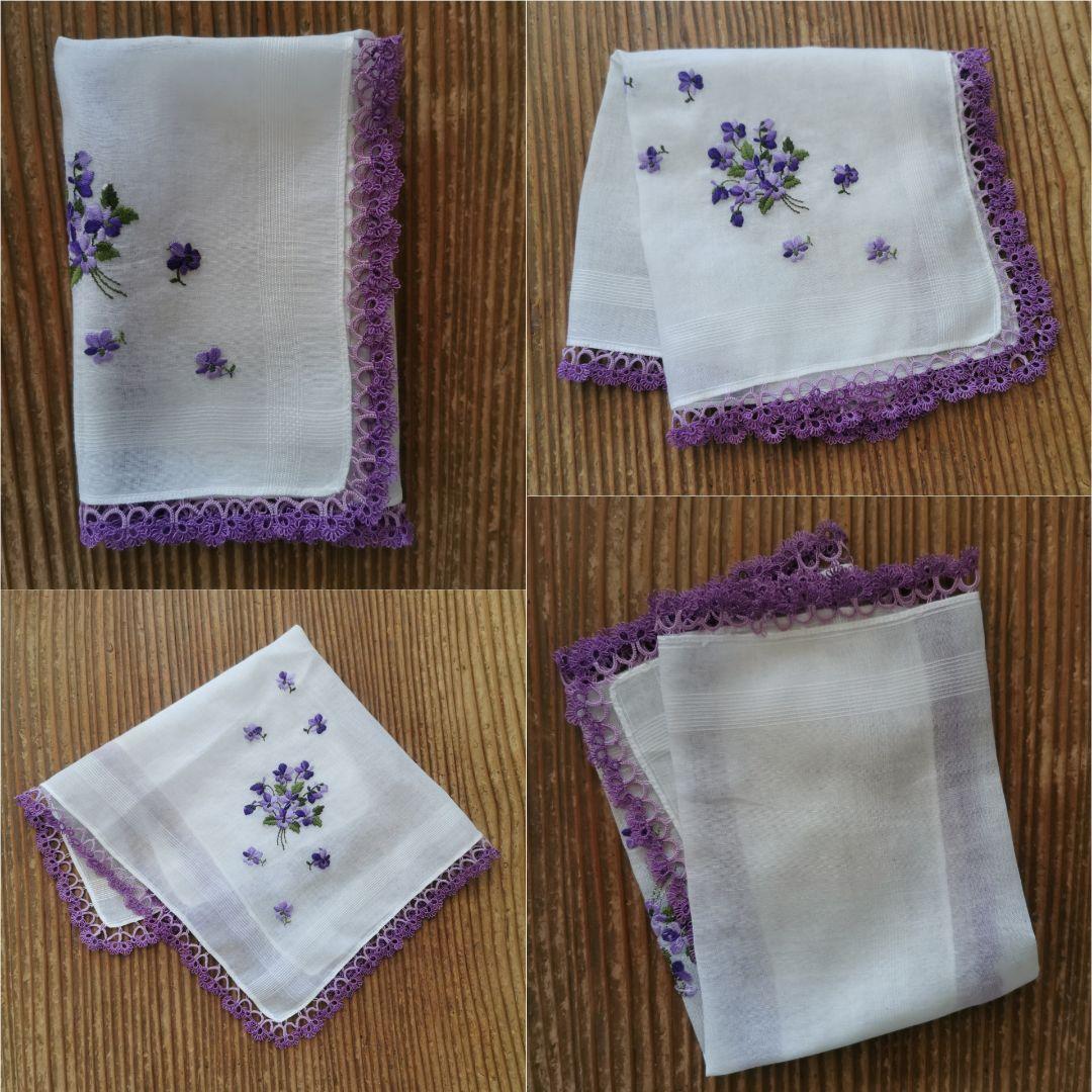 アンティーク タティングレース 菫刺繍のローンハンカチ ラベンダーヴァイオレット