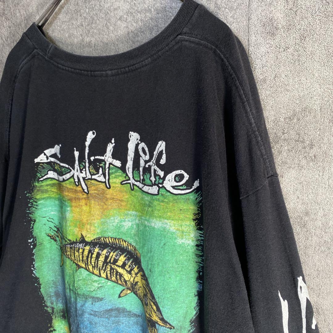 Salt Life バックプリント 激レア 魚骸骨アート 袖ロゴ L相当 黒