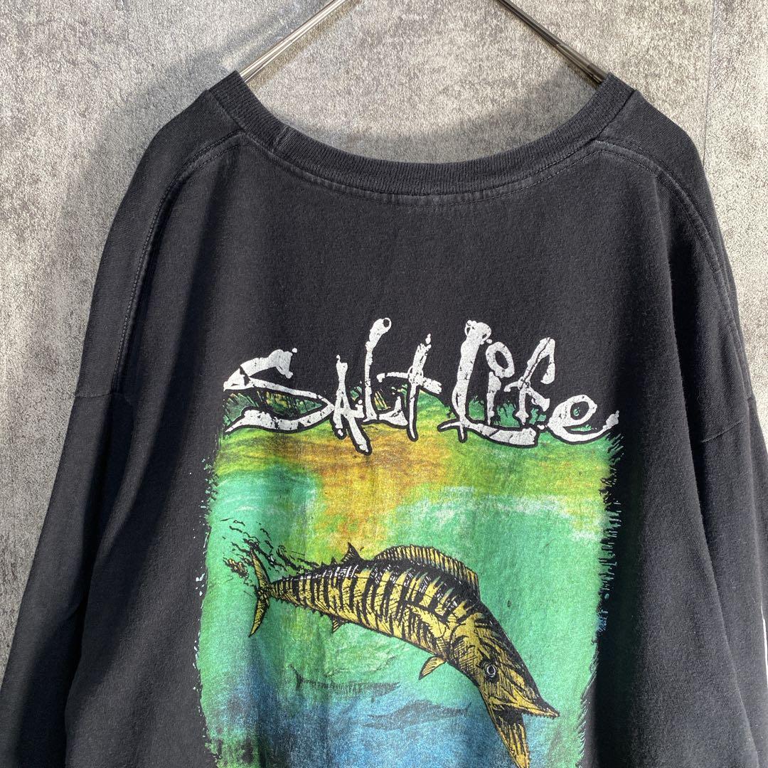 Salt Life バックプリント 激レア 魚骸骨アート 袖ロゴ L相当 黒