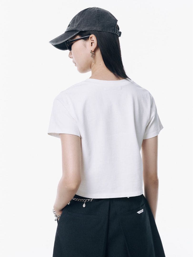 JOSEMOONホワイト クロップド Tシャツ パール付き