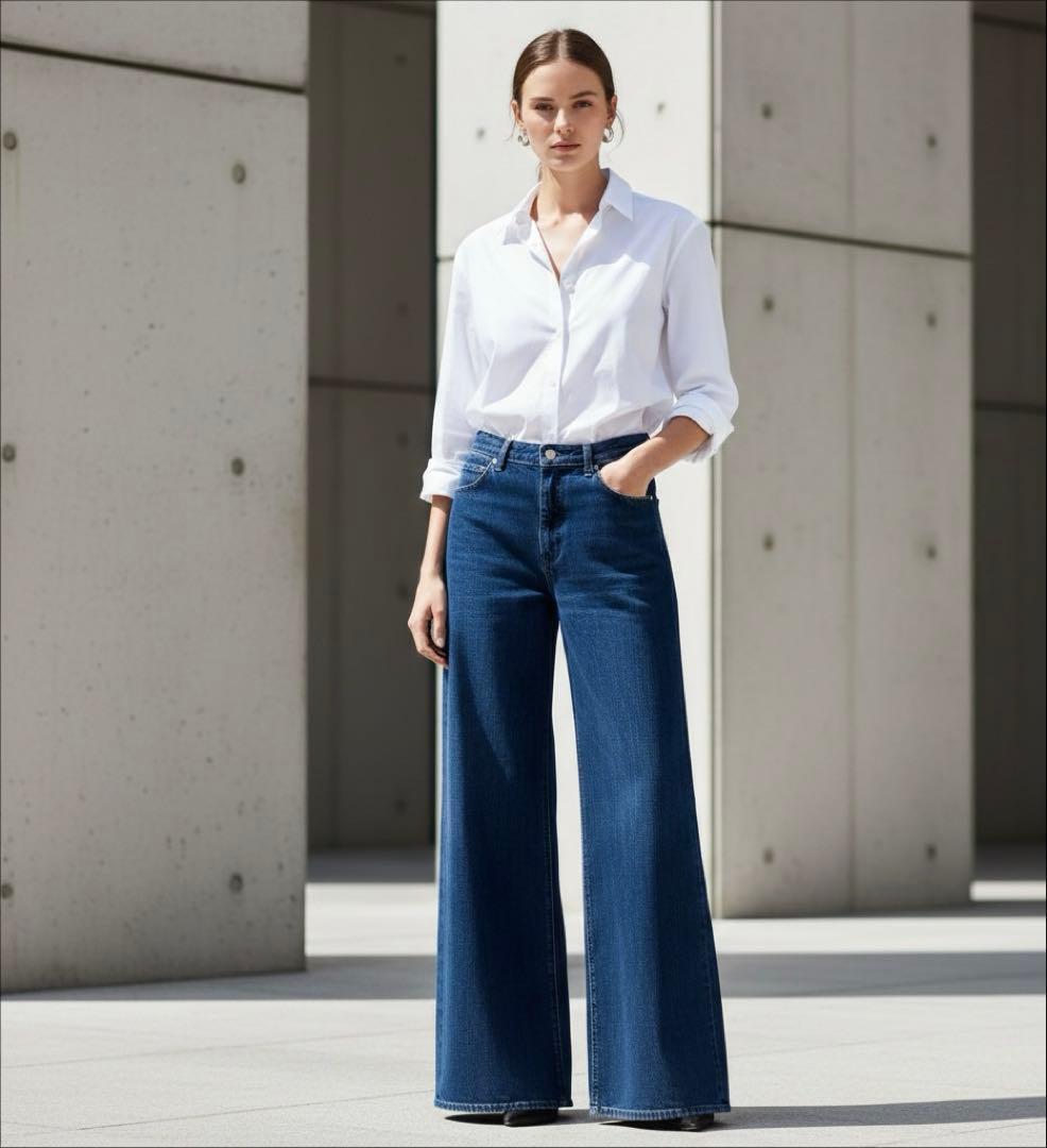 L 美品 【MOUSSY】ワイドデニムパンツ インディゴ 金ボタン ゆったり 2