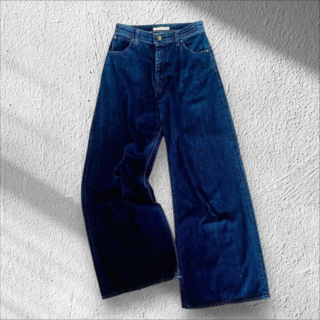 L 美品 【MOUSSY】ワイドデニムパンツ インディゴ 金ボタン ゆったり 2