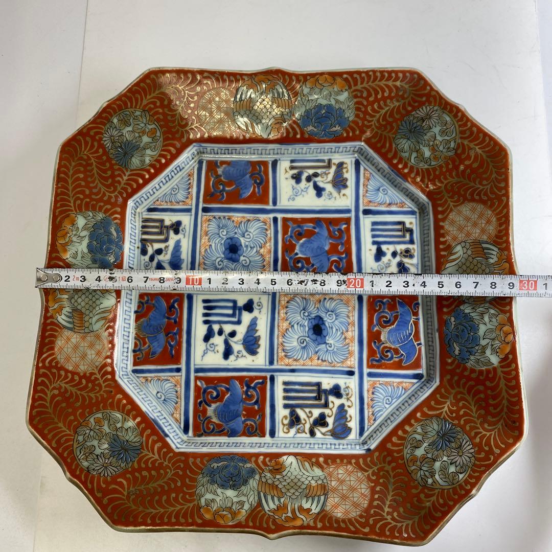 古伊万里　染錦赤絵角皿　木箱付　幅約29.5㎝　東Y7-0404③タコサ