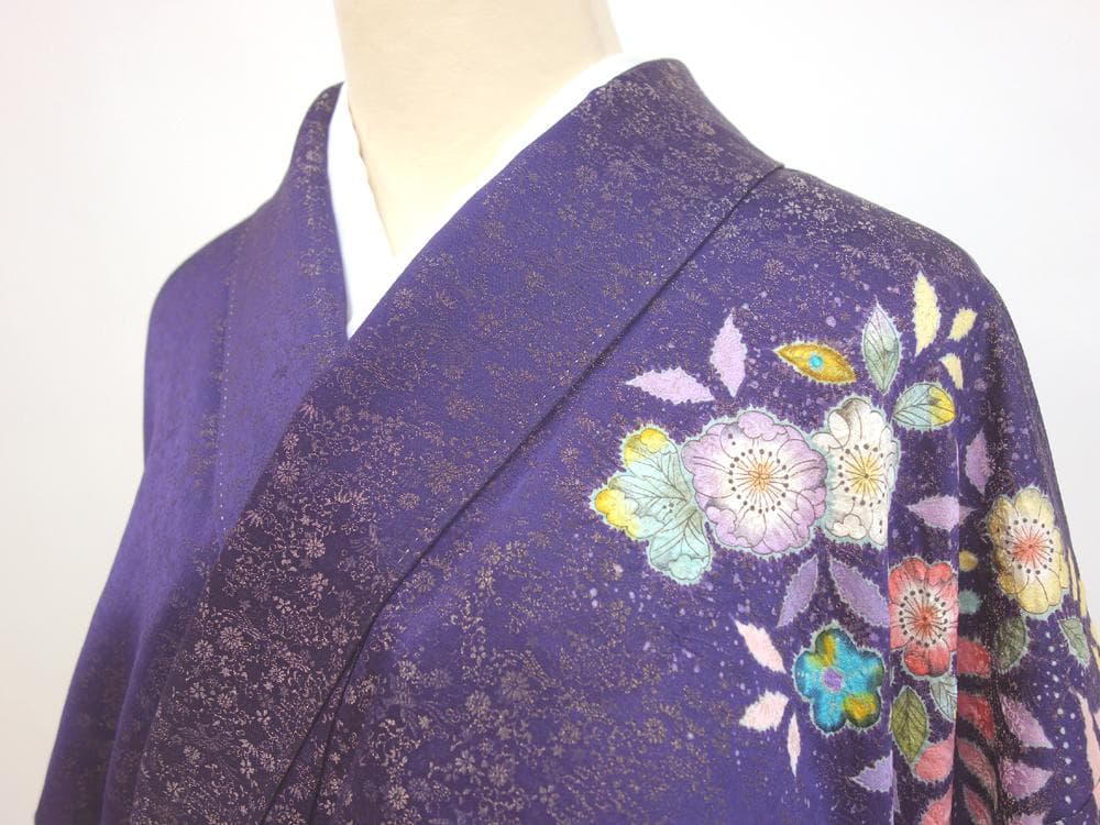 中古美品 振袖 長襦袢 帯揚げ 作家物 辻ヶ花 金糸 紫■ON71104-14