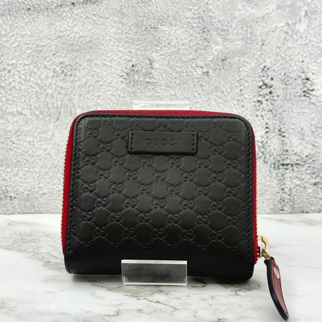 【美品】GUCCI グッチ 二つ折り財布 マイクロ シマ ブラック レッド 財布