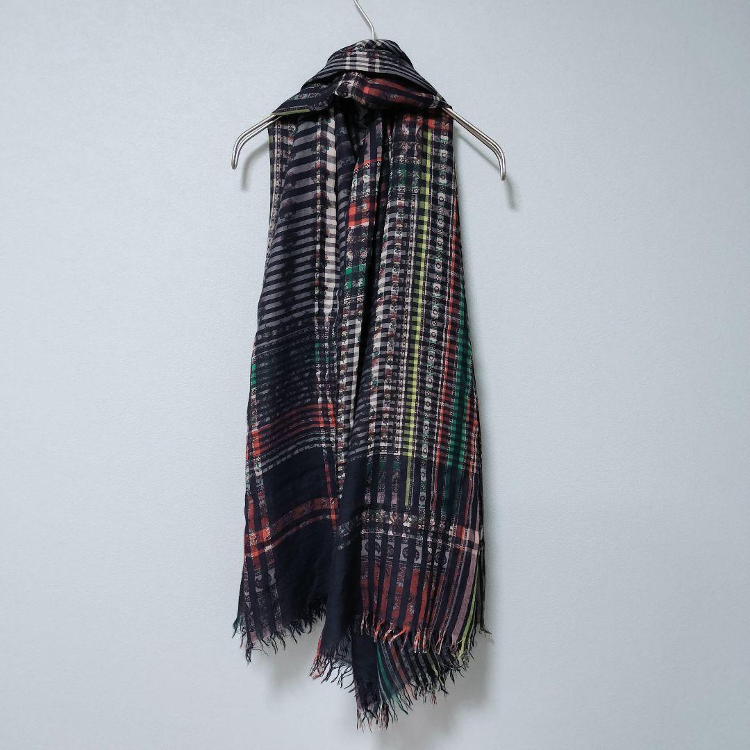 【美品】 ファリエロサルティ 大判ストール 花柄 チェック フリンジ イタリア製