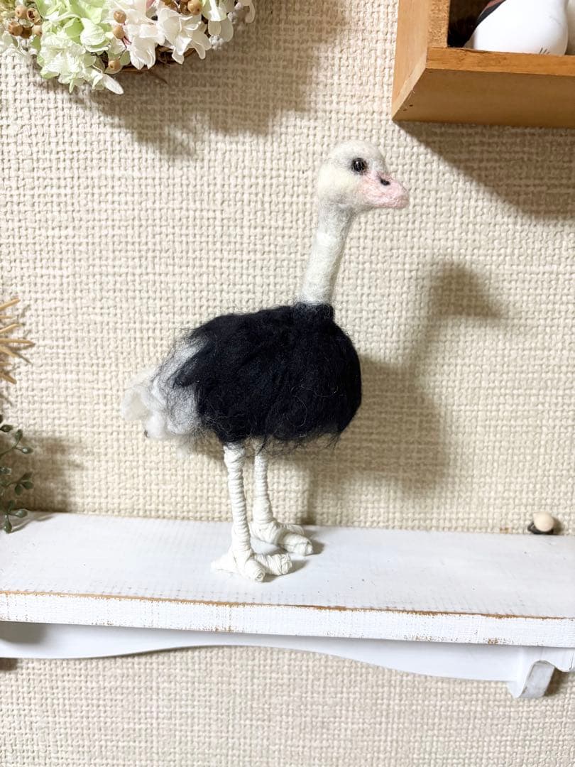 羊毛フェルト　野鳥　ダチョウカップル　ブラウニー