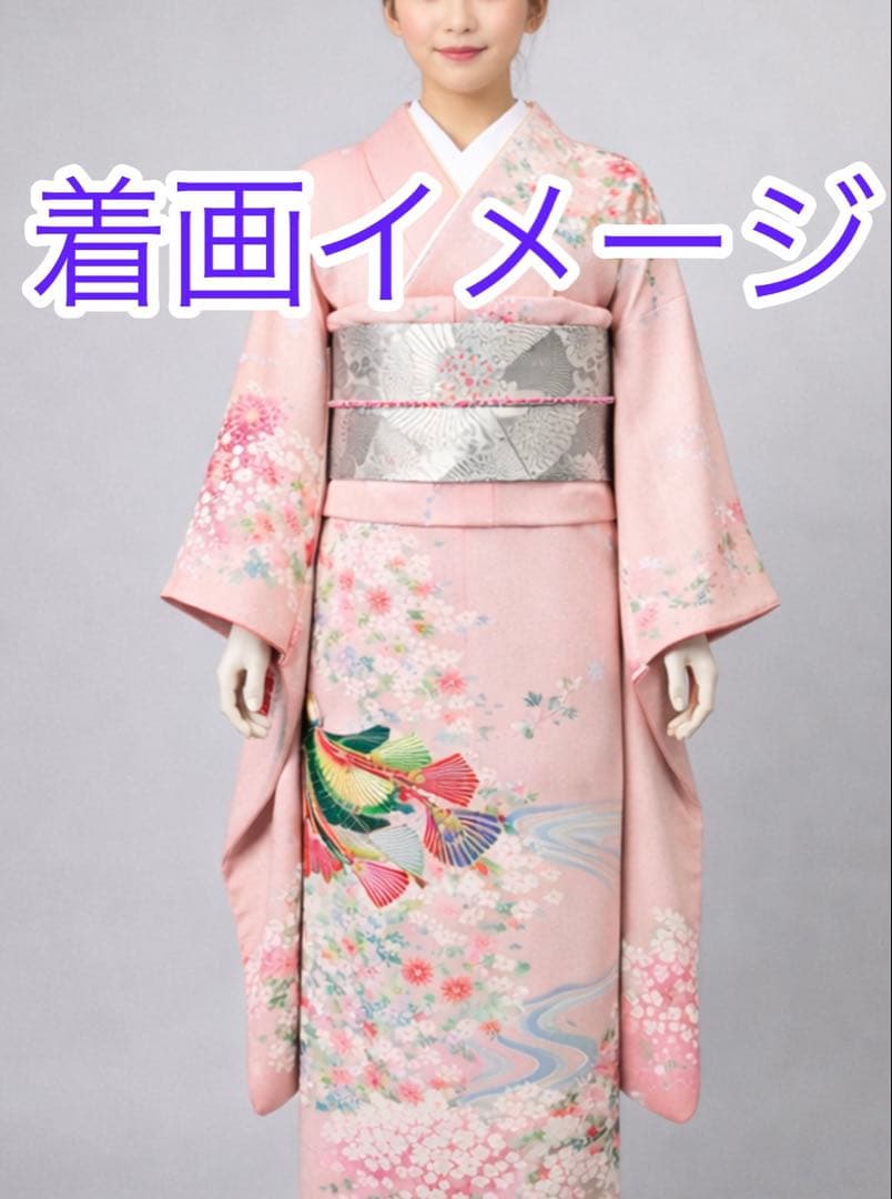 2点セット 振袖桜 流水 袋帯扇面 シルバー ピンク系 帯揚げおまけ