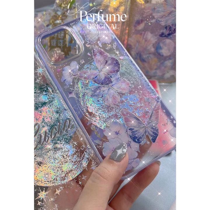 バタフライ♡キラキラ✨レインボー 花 フラワー 惑星 フチ iPhoneケース