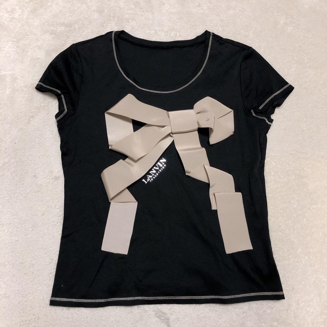 【極美品】ランバンコレクション　黒　ブラック　大きなリボン　ロゴ刺繍