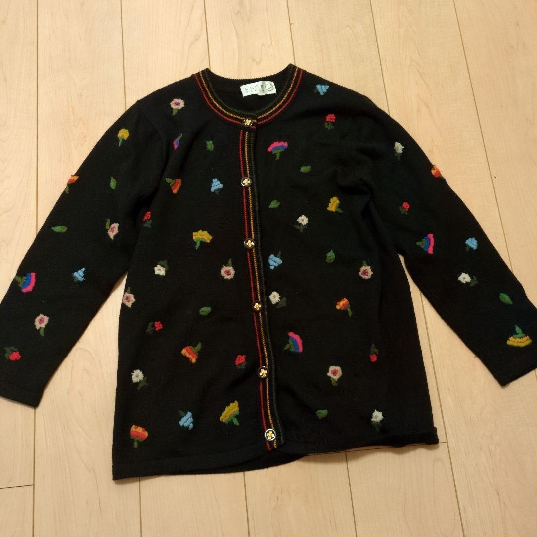 『グレ』花柄刺繍ニットセットアップ（カーディガン＋ワンピース）レディース38（M