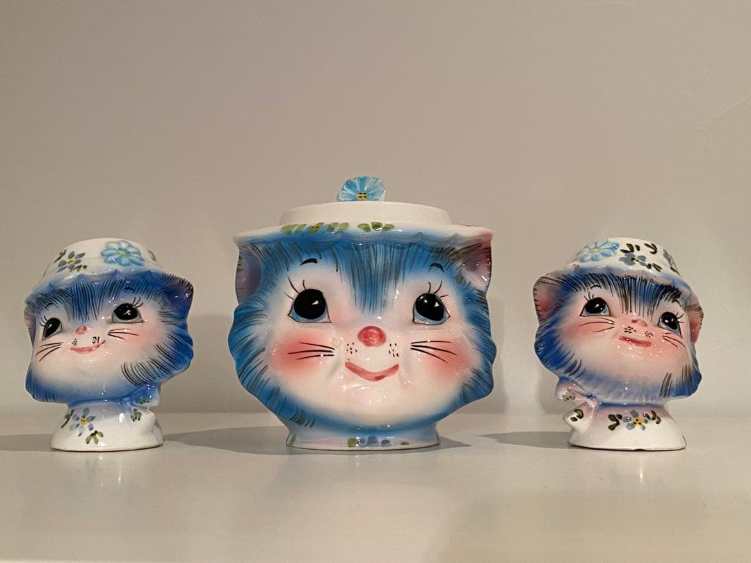 アメリカンヴィンテージ　猫　陶器製シュガーポットと塩入れセット