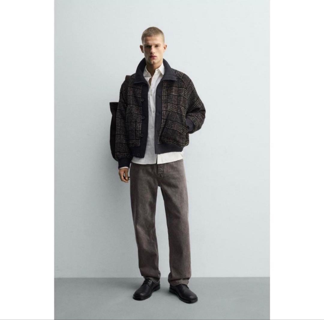 ZARA リブ襟切り替えジャケット チェック Mサイズ