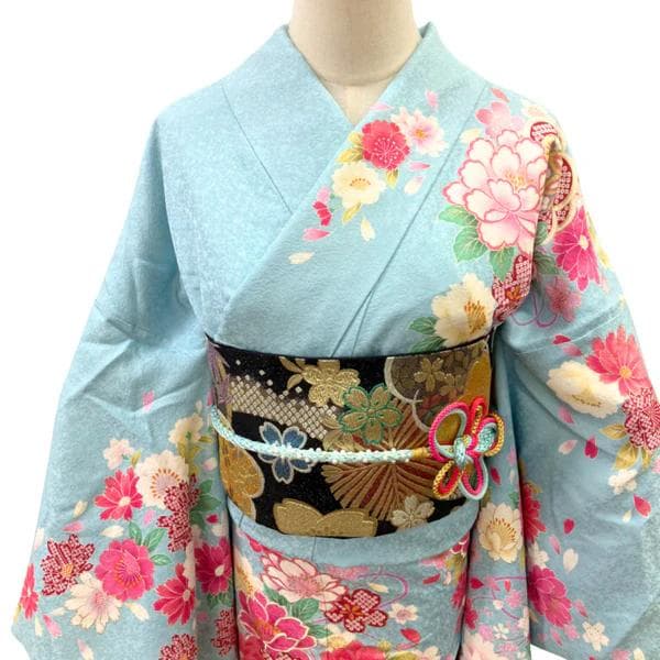 【お得品】 振袖セット 成人式 正絹 古典柄 振袖 水色 S*12 ●