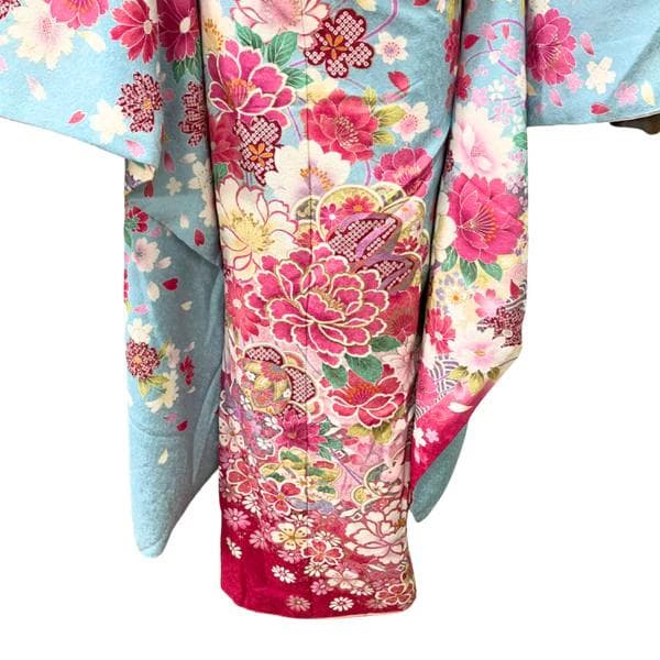 【お得品】 振袖セット 成人式 正絹 古典柄 振袖 水色 S*12 ●