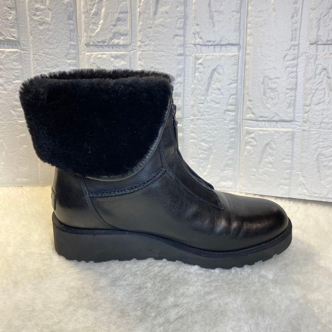 UGG フロントジップ ブーツ 23.5cm ブラック ムートン レザー 裏ボア