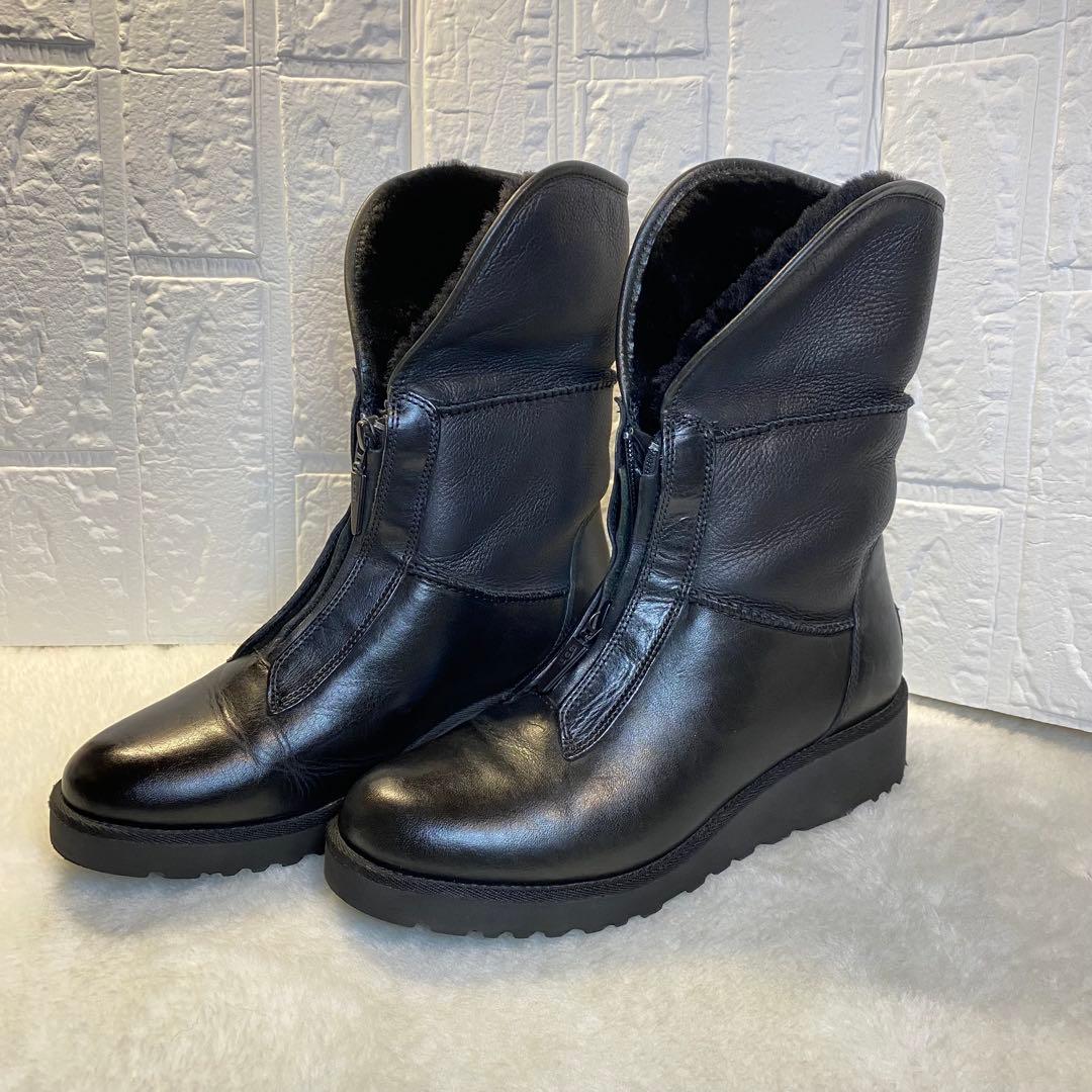 UGG フロントジップ ブーツ 23.5cm ブラック ムートン レザー 裏ボア