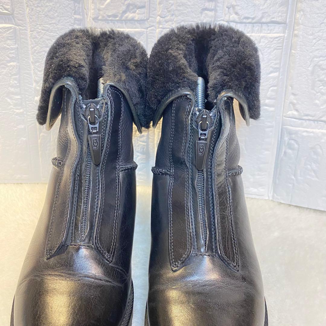 UGG フロントジップ ブーツ 23.5cm ブラック ムートン レザー 裏ボア