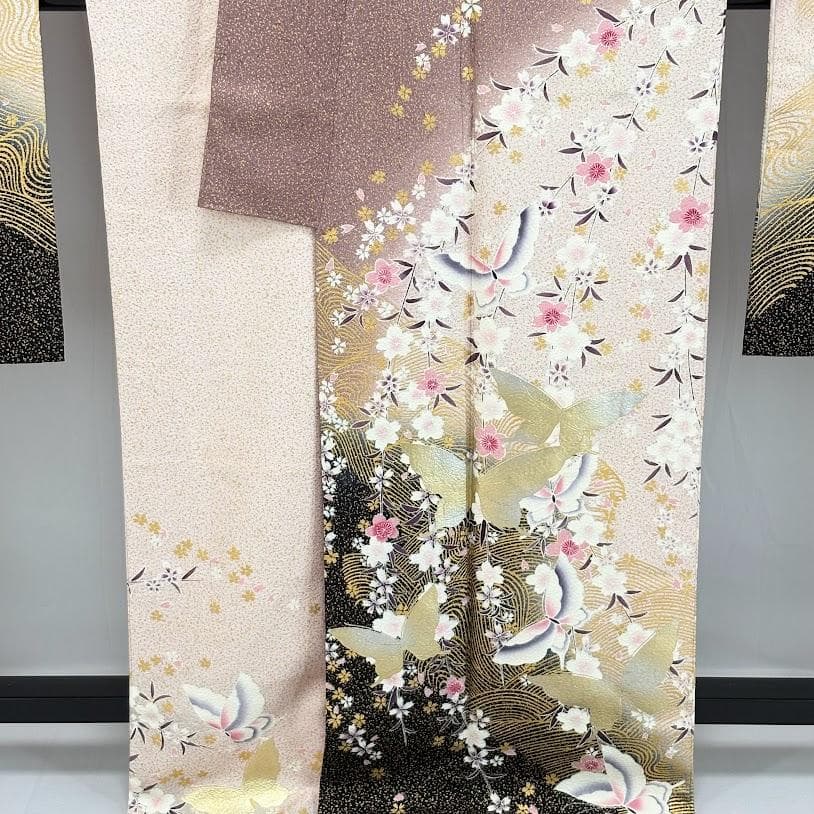 ゆりのはな　超トール　本振袖　金彩友禅　ボカシ染め　蝶・桜・流水　正絹　C601